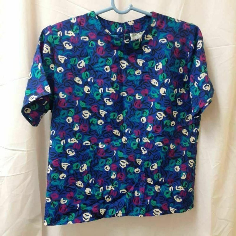 Sara Stephen Womens Blouse Multicolor Blue Floral